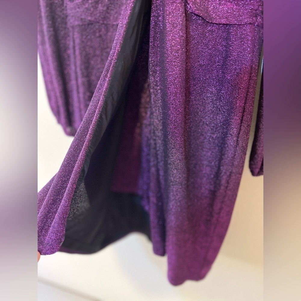 Saylor Purple Shimmer Faux Wrap Dress Ruched Waist Cocktail Holiday Party Glam - Picture 6 of 12